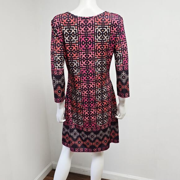 Jean Pierre Klifa Stretch Dress Size M Geometric Travel 3/4 Sleeve Daphne Shift - Picture 2 of 8